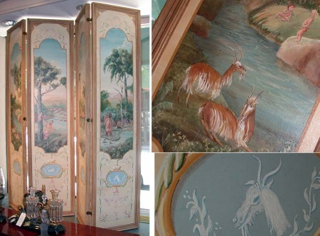 Lot image - Painted Canvas Four-Panel Screen