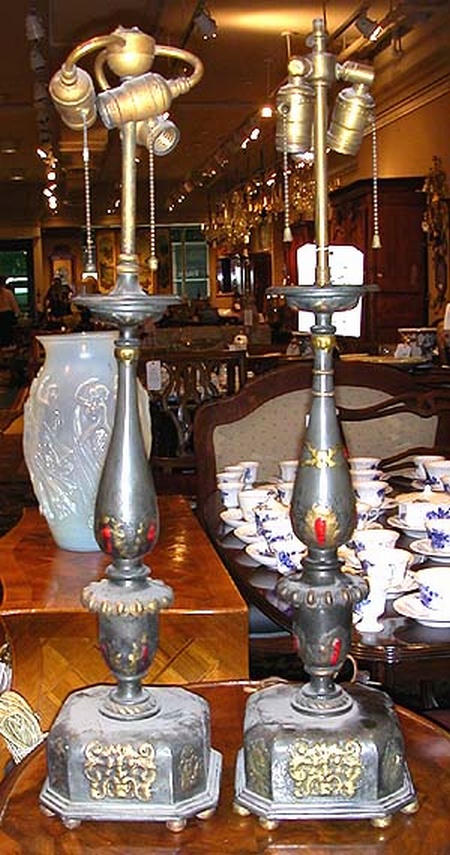 Lot image - Pair of Enameled Pewter Lamps