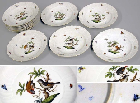 Lot image - Group of Twelve Herend Style Hungarian Bird and Insect Decorated Dessert Plates