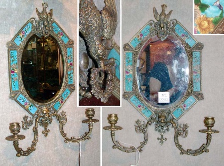 Lot image - Pair of Porcelain and Gilt-Metal Two-Light Mirror Back Sconces