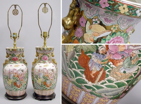 Lot image - Pair of Polychrome Decorated Porcelain Lamps