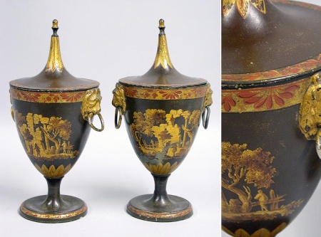 Lot image - Pair of Regency Style Tole Peinte Chestnut Urns