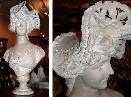 Lot image - Marble Bust of a Woman in an Elaborate Hat Together with a Marble Pedestal