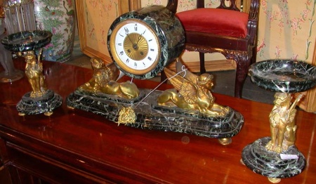Lot image - Empire Style Gilt-Metal and Marble Three-Piece Clock Garniture