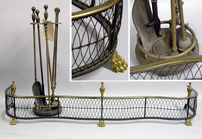 Lot image - Georgian Style Brass and Wire Fire Fender Together with a Set of Fire Tools on Stand