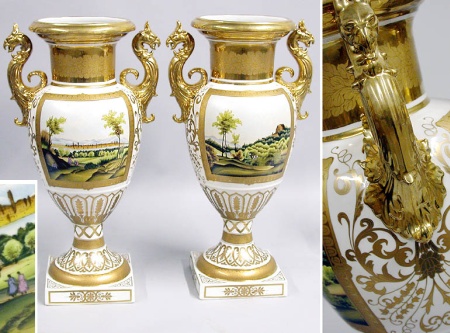 Lot image - Pair of Paris Style Gilt Decorated Porcelain Two-Handled Urns