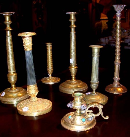 Lot image - Miscellaneous Group of Seven Patinated-Metal Candlesticks