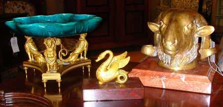 Lot image - Group of Three Gilt-Metal, Brass and Ceramic Articles
