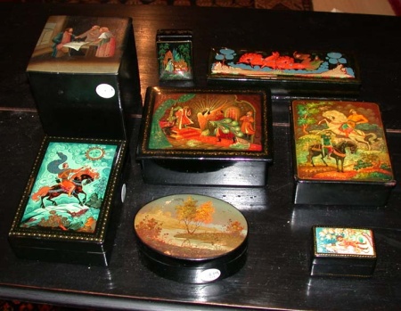 Lot image - Group of Eight Russian Lacquered Boxes