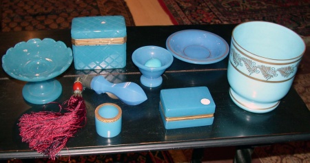 Lot image - Group of Eight Blue Opaline Glass Articles