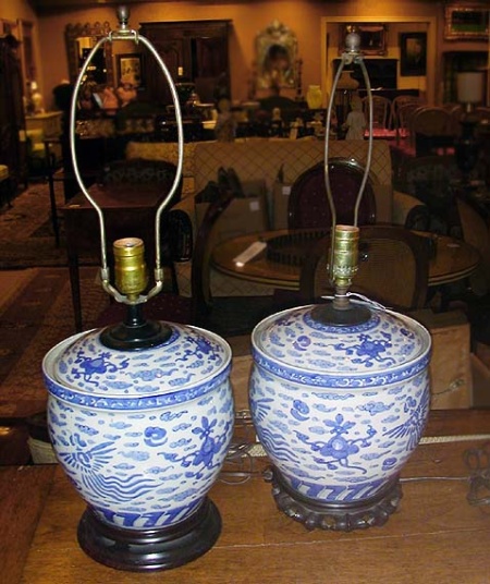 Lot image - Pair of Chinese Blue and White Porcelain Lamps