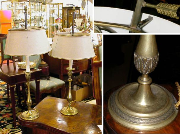 Lot image - Pair of Georgian Style Brass Candlestick Bouillotte Lamps