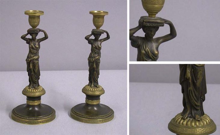 Lot image - Pair of Neoclassical Style Gilt and Patinated-Metal Figural Candlesticks