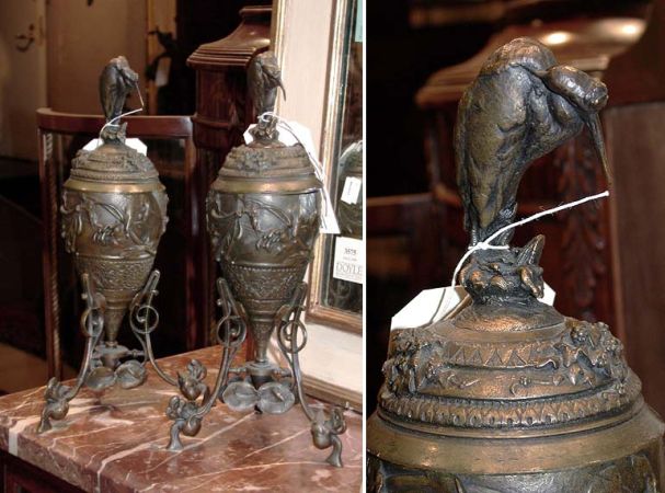 Lot image - Pair of Victorian Patinated-Metal Covered Urns