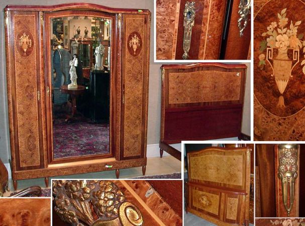 Lot image - Louis XVI Style Marquetry Inlaid Burl-Wood and Mahogany Armoire; Together with a bed en suite