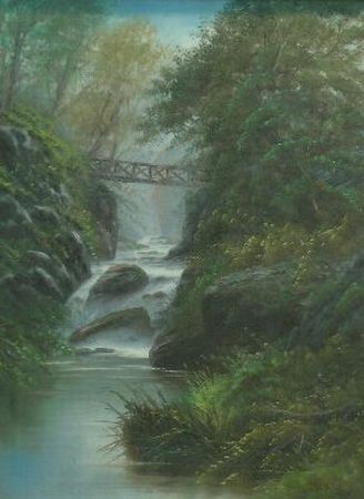 Lot image - W. Foyster British, 20th century FOOTBRIDGE IN A FOREST INTERIOR