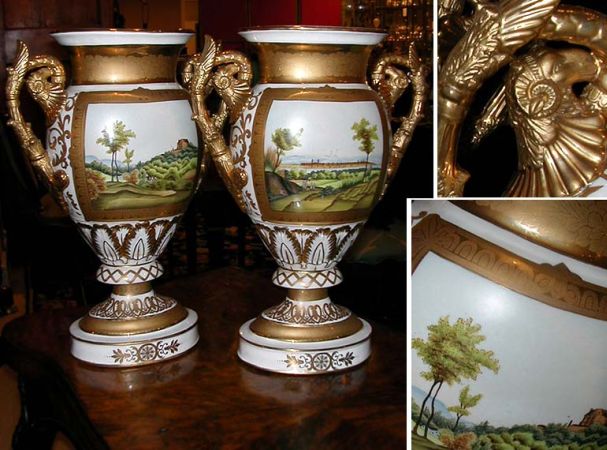 Lot image - Pair of Old Paris Style Porcelain Double-Handled Urns