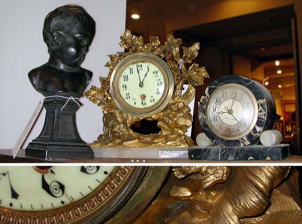Lot image - Two Mantel Clocks Together with a Composition Bust of a Boy