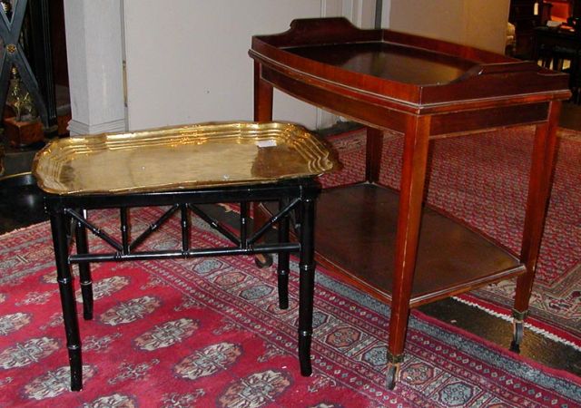 Lot image - Mahogany End Table Together with a Brass Tray Table and a Mahogany Cart