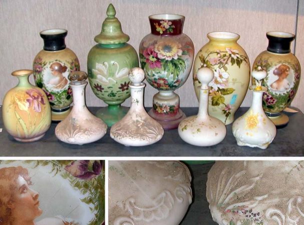 Lot image - Miscellaneous Group of Ten Victorian Painted Vases and Decanters