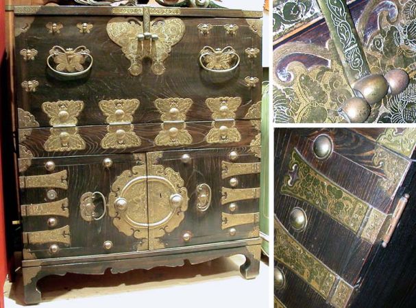 Lot image - Korean Brass Mounted Drop-Leaf Desk