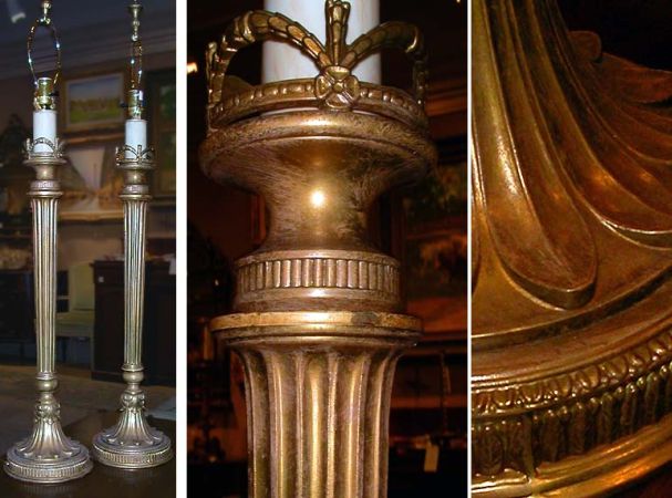 Lot image - Pair of Neoclassical Style Gilt-Metal Candlestick Lamps