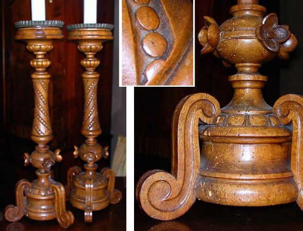 Lot image - Pair of Neoclassical Style Fruitwood Candlesticks Lamps