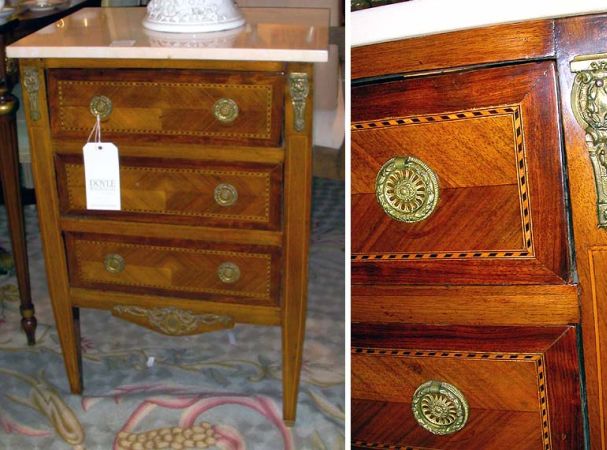 Lot image - Pair of Louis XVI Style Marble Top Mahogany Three-Drawer Commodes
