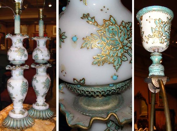 Lot image - Pair of Painted Milk Glass Lamps