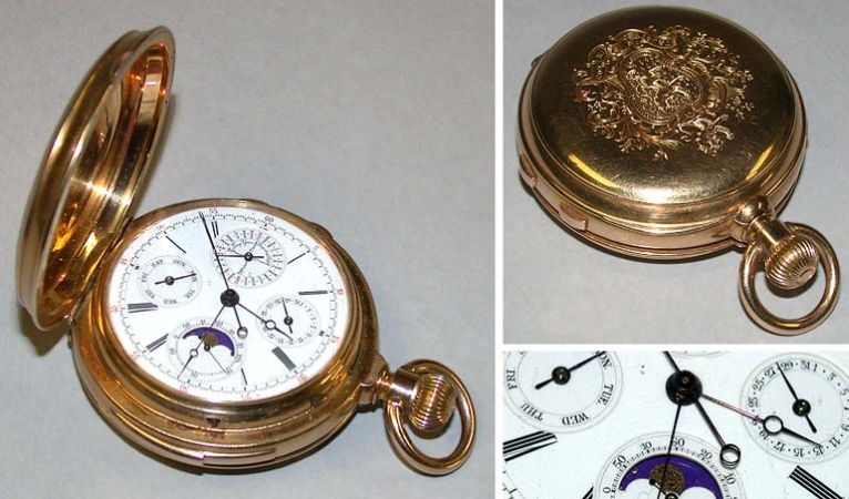 Lot image - Gold Open Face Perpetual Moonphase Calendar, Minute Repeater and Split Seconds Chronograph Watch