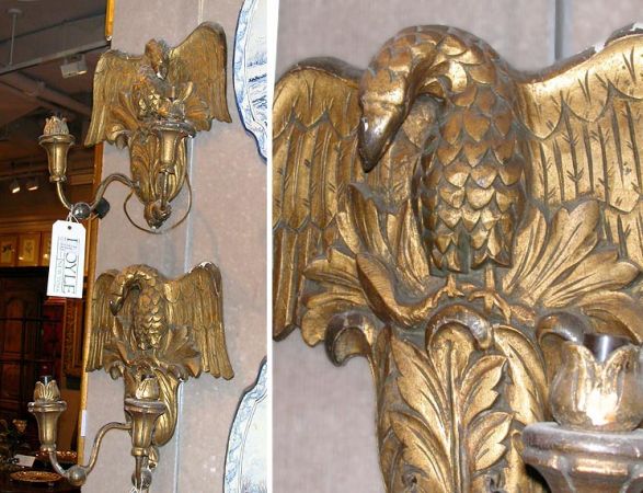 Lot image - Pair of Continental Neoclassical Style Gilt Decorated Two-Light Sconces