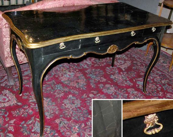 Lot image - Louis XV Style Gilt Decorated Black Painted Bureau Plat