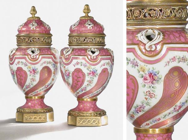 Lot image - Pair of Louis XVI Style Gilt-Metal Mounted Sevres Style Porcelain Covered Potpourri Urns