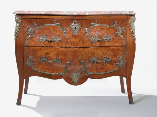 Lot image - Louis XV Style Gilt-Metal Mounted Mahogany and Walnut Two-Drawer Commode