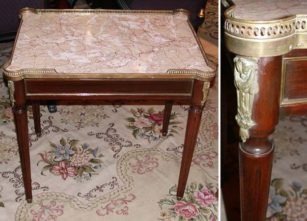 Lot image - Louis XVI Style Brass and Gilt-Metal Mounted Marble Inset Mahogany Side Table