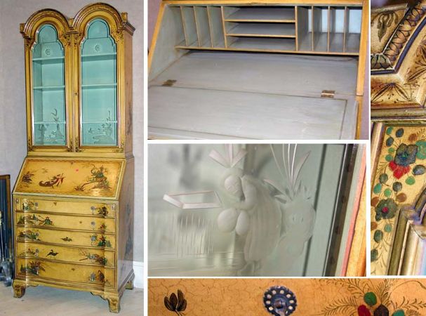 Lot image - Georgian Style Gilt Decorated and Painted Yellow Lacquered Secretary Bookcase