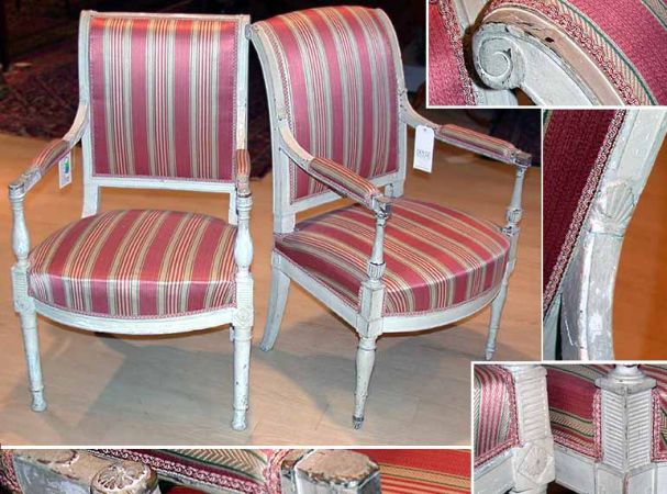 Lot image - Two Directoire White Painted and Upholstered Fauteuils