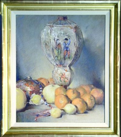 Lot image - Eric Frederic Pape American, 1870-1938 STILL LIFE WITH LANTERN AND FRUIT