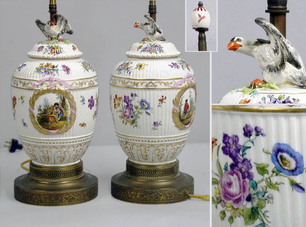 Lot image - Pair of German Floral Decorated Porcelain Lamps