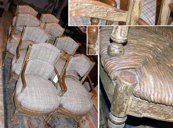 Lot image - Set of Eight French Provincial Style Painted Rush Seat Armchairs