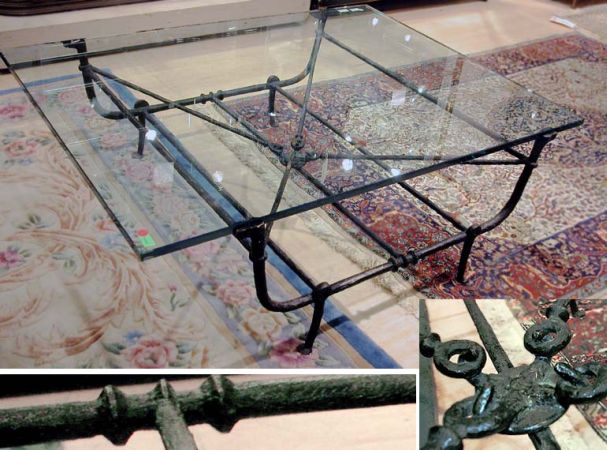 Lot image - Giacometti Style Wrought Iron Glass Top Rectangular Coffee Table