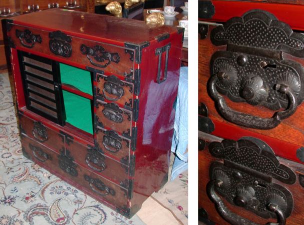Lot image - Asian Wrought Iron Mounted Red Lacquered and Wood Chest of Drawers
