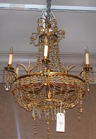 Lot image - Continental Neoclassical Gilt-Metal and Clear and Amber Cut Glass Six-Light Chandelier