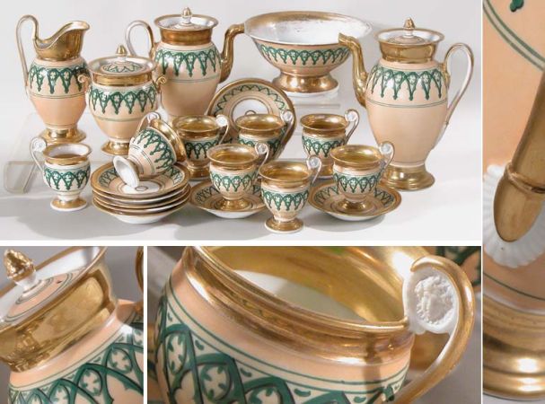 Lot image - Paris Porcelain Gilt, Green and Peach Decorated Porcelain Coffee Service