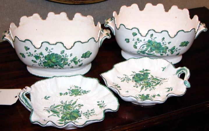 Lot image - Pair of French Faience Monteiths; Together with a Pair of Leaf-Form Dishes