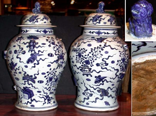Lot image - Pair of Chinese Blue and White Porcelain Covered Jars