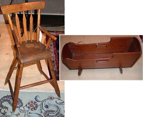 Lot image - Rustic Pine Childs Highchair and Dolls Cradle