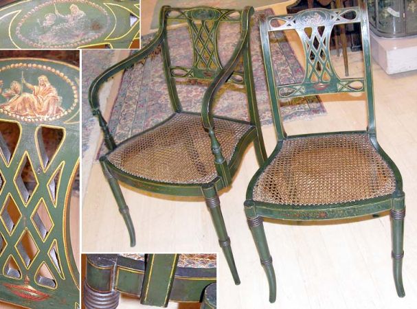 Lot image - Regency Style Green Painted and Caned Armchair and Side Chair