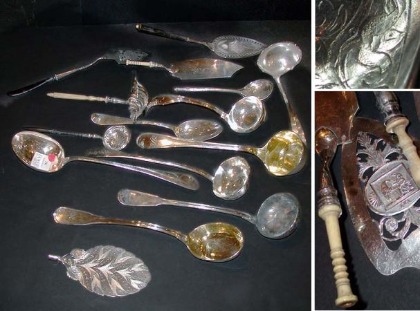Lot image - Miscellaneous Group of Eleven Continental Silver Ladles and Spoons Together with Four Serving Slices