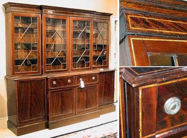 Lot image - George III Style Inlaid Mahogany Breakfront Secretary Bookcase